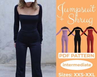 Off Shoulder Jumpsuit + Bolero Shrug Sewing Pattern Bundle / XXS - XXL / Long Sleeve Playsuit / A0, A4, US-Letter Pattern + Easy Instruction