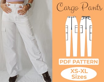 Modèle de pantalon cargo taille haute pour femme, Modèle de pantalon ample à poches pour femme | Style rave et technologique de l'an 2000 | Pantalons DIY tendance pour femmes