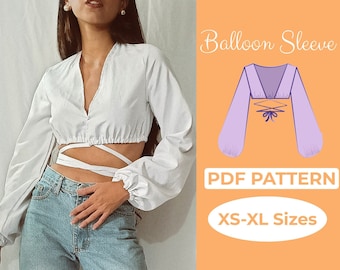 Puff Sleeve Crop Top Sewing Pattern, Flare Sleeve Festival Top, Hippie Top, Long Sleeve Tie Top, Summer Beach Top Pattern, XS - XL