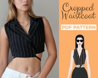 Cropped Back Tie Waistcoat Sewing Pattern, Short Crossover Waistcoat, Ladies Vest, Wrap Top Pattern PDF Pattern in A0, A4 & US Letter