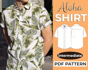 Mens Shirt Sewing Pattern, Mens Short Sleeve Shirt Pattern, Aloha Shirt Pattern, XXS - XXXL, A0, A4 & US-Letter + Detailed Instruction