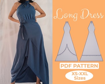 Long Maxi Dress Sewing Pattern, High Neck Dress, Fit and Flare Halter Dress With Bow, Drop Waist Gown, Princess Prom Dress XS-XL PDF Pattern