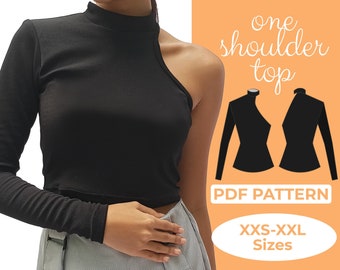 May include: A PDF sewing pattern for a one-shoulder top. The pattern includes instructions for sizes XXS-XXL. The image shows a model wearing a black one-shoulder top.