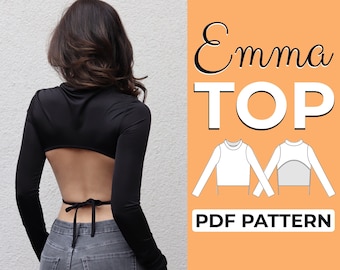 Backless Top Sewing Pattern | Long Sleeves Crop Top | Easy Beginner Pattern + Detailed Illustrated Tutorial | XXS - XXXL | A0, A4, US-Letter