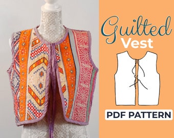 Patron de couture gilet matelassé, modèle à nouer sur le devant, XXS - XXL, A0, A4 et lettre US + tutoriel illustré détaillé