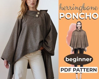 May include: A brown herringbone poncho with a high collar and two light-coloured buttons at the neckline. The image includes text that reads herringbone PONCHO, beginner, and PDF PATTERN, alongside a fashion illustration of the garment.