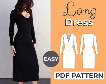 V-hals jurk met lange mouwen naaipatroon | Midi-jurk | Eenvoudig beginnerspatroon + eenvoudige geïllustreerde handleiding | XXS-XXXL | A0, A4 en US-letter