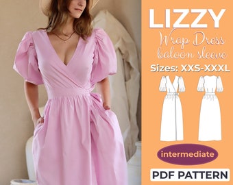 Puff Sleeve Wrap Dress Sewing Pattern, XXS - XXXL, V-Neck, Summer Wraparound Dress, A0, A4 & US-Letter + Detailed Instruction