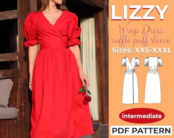 Wrap Dress Sewing Pattern, XXS - XXXL, V-Neck, Summer Wraparound Dress With Ruffle Puff Sleeves, A0, A4 & US-Letter + Detailed Instruction