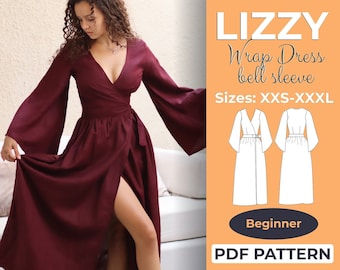 Wrap Dress Sewing Pattern, XXS - XXXL, Beginner Friendly Summer Wraparound Dress With Bell Sleeves, A0, A4 & US-Letter + Easy Instruction