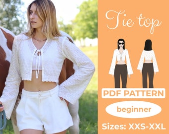 Front Tie Top Sewing Pattern, Lace Blouse, Beginner Flare Sleeve Crop Top, XXS - XXL Summer Top, A0, A4 & US-Letter + Easy Instruction