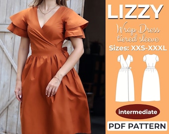 Wrap Dress Sewing Pattern, XXS - XXXL, V-Neck, Summer Wraparound Dress With Tiered Sleeves, A0, A4 & US-Letter + Detailed Instruction