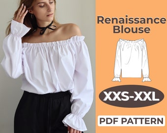 Renaissance Blouse Sewing Pattern, Romantic Off-Shoulder Top, XXS - XXL, A0, A4 & US-Letter + Detailed Instruction