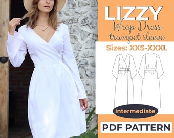 Wrap Dress Sewing Pattern, XXS - XXXL, V-Neck, Summer Wraparound Dress with Flare Sleeves, A0, A4 & US-Letter + Detailed Instruction