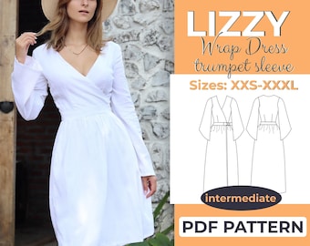 Wrap Dress Sewing Pattern, XXS - XXXL, V-Neck, Summer Wraparound Dress with Flare Sleeves, A0, A4 & US-Letter + Detailed Instruction