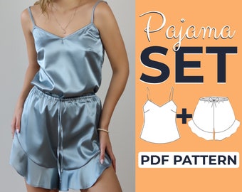 Pyjama Set Schnittmuster, Cami Top + Pyjama Shorts, Pj Set, A0, A4, US-Letter Schnittmuster + Ausführliche bebilderte Anleitung, XXS - XXXL