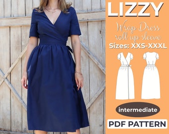 Wrap Dress Sewing Pattern, XXS - XXXL, V-Neck, Summer Wraparound Dress With Roll Up Sleeves, A0, A4 & US-Letter + Detailed Instruction