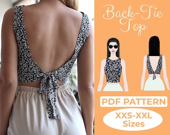 Patrón de costura de top con lazo en la espalda, patrón fácil para principiantes XXS - XXL + Tutorial ilustrado fácil, top bandeau de verano, blusa con lazo, top con espalda abierta