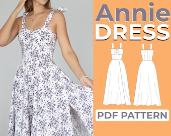 Patron de couture de robe de laitière, modèle de robe Cottagecore Tie Strap, XXS - XXXL Maxi Dress, A4 A0 & US-Letter + Tutoriel illustré détaillé