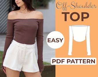 May include: A brown off-the-shoulder top with long sleeves. The top is shown on a model wearing white shorts. The text "Off-Shoulder TOP" and "EASY PDF PATTERN" is displayed on a peach background.