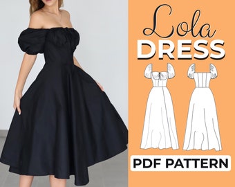 Milchmädchen Kleid Schnittmuster, Cottagecore Kleid mit Puffärmeln, XXS - XXXL Maxikleid, A4 A0 & US-Letter + Detaillierte bebilderte Anleitung