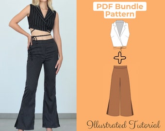 Cropped Waistcoat + Flare Leg Pants Sewing Pattern Bundle, High Waisted Wide Leg Pants, Short Criss Cross Wrap Waistcoat, Trouser Pattern