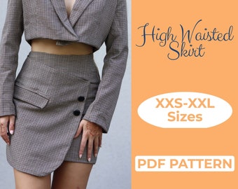 High Waisted Skirt Sewing Pattern, Wrap Skirt Look, Fitted Mini Skirt, Trendy Skirt, PDF A0, A4 & US-Letter + Instruction