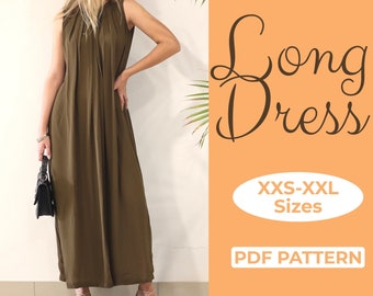 Patron de couture de robe longue d'été super évasée, robe tunique facile, robe débardeur, chemise sans manches, A4, A0 et lettre US + tutoriel illustré