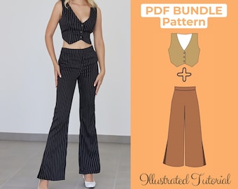 Cropped Waistcoat + Flare Leg Pants Sewing Pattern Bundle, High Waisted Wide Leg Pants, Short Waistcoat, Trouser Pattern, Ladies Vest