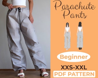 Parachute Cargo Pants Sewing Pattern, XXS - XXL, High Waisted Flowy Pants, Streetwear Pants, A0, A4 & US-Letter Pattern + Easy Instruction