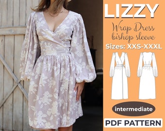 Wrap Dress Sewing Pattern, XXS - XXXL, V-Neck, Summer Wraparound Dress With Bishop Sleeves, A0, A4 & US-Letter + Detailed Instruction