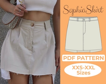 May include: A PDF pattern for a beige skirt called "Sophia Skirt". The pattern is available in sizes XXS-XXL. The image shows a woman wearing a white tank top and the skirt.