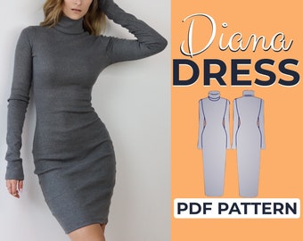 Turtleneck Dress Pattern, Easy Beginner Pattern, Long Sleeve Bodycon Dress, XXS - XXXL, A4, A0 & USLetter + Detailed Illustrated Tutorial