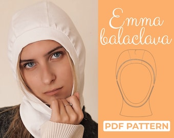 May include: A white balaclava with a close-up view of the face opening. The image includes a line drawing of the balaclava and the text "Emma balaclava PDF PATTERN".