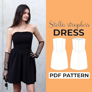 Patrón de costura de vestido sin tirantes / Patrón de minivestido para mujer / Patrón + instrucciones ilustradas detalladas / XXS - XXL / A0, A4 y carta de EE. UU.