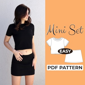 Conjunto de patrones de costura de remera y minifalda para bebé Y2K / Patrones sencillos para principiantes + Tutoriales ilustrados detallados / XXS - XXXL / A0, A4 y carta estadounidense