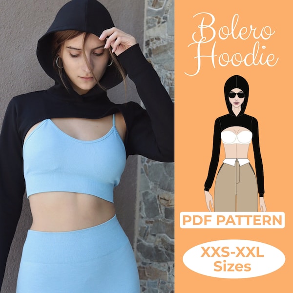 Bolero Shrug Sewing Pattern, Cropped Hoodie Top, Short Hoody Cape Sweatshirt, Shrug Long Sleeve, Shrug For Women, XXS - XXL + Tutorial