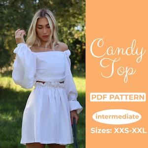 Patrón de costura para blusa Milkmaid con hombros descubiertos, XXS a XXL, linda blusa sin tirantes, A0, A4 y carta de EE. UU. + instrucciones sencillas