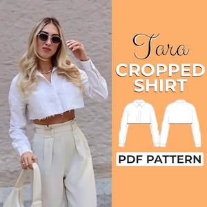 Può includere: Un cartamodello per una camicia bianca corta a maniche lunghe. Il cartamodello è mostrato su uno sfondo bianco con il testo "Tara Cropped Shirt PDF Pattern".
