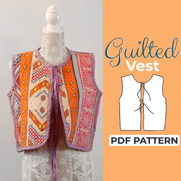 Patron de couture gilet matelassé, modèle à nouer sur le devant, XXS - XXL, A0, A4 et lettre US + tutoriel illustré détaillé