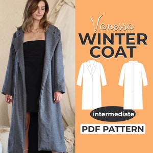 Patrón de costura de abrigo de invierno, XXS - XXL, hermoso abrigo largo a medida, patrón A0, A4 y carta estadounidense + instrucciones detalladas