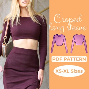 Padrão de costura de blusa curta de manga comprida, suéter curto, blusa atlética justa, A4, A0, padrão em PDF Us-Letter XS - XL + tutorial ilustrado