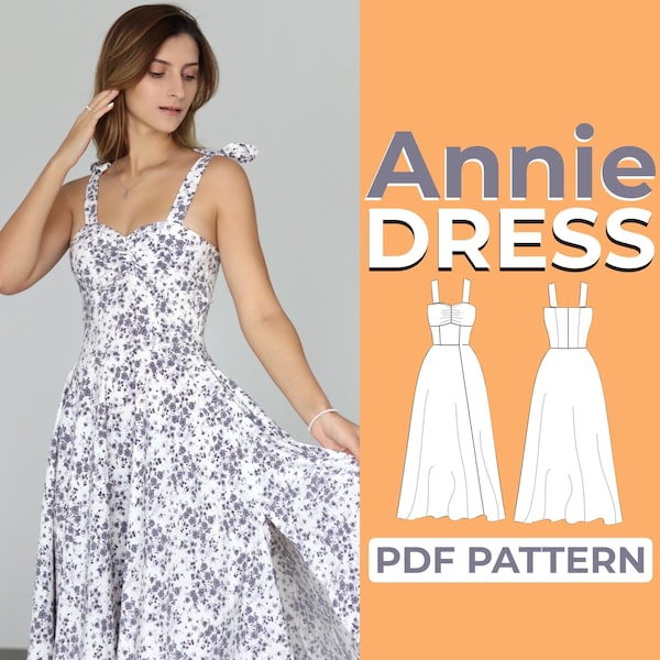 Patron de couture de robe de laitière, modèle de robe Cottagecore Tie Strap, XXS - XXXL Maxi Dress, A4 A0 & US-Letter + Tutoriel illustré détaillé