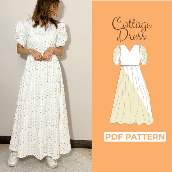 Puff Sleeve Dress, Easy Sewing Pattern, Flare Summer Dress, Long Gown Pattern, Milk Maid Dress, Baby Doll Dress PDF, Cottage Core Dress