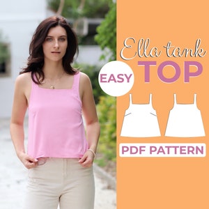 Patrón de costura de camiseta sin mangas / Blusa de verano con escote cuadrado / Patrón fácil para principiantes + Tutorial ilustrado fácil / XXS - XXXL / A0, A4 y tamaño carta de EE. UU.