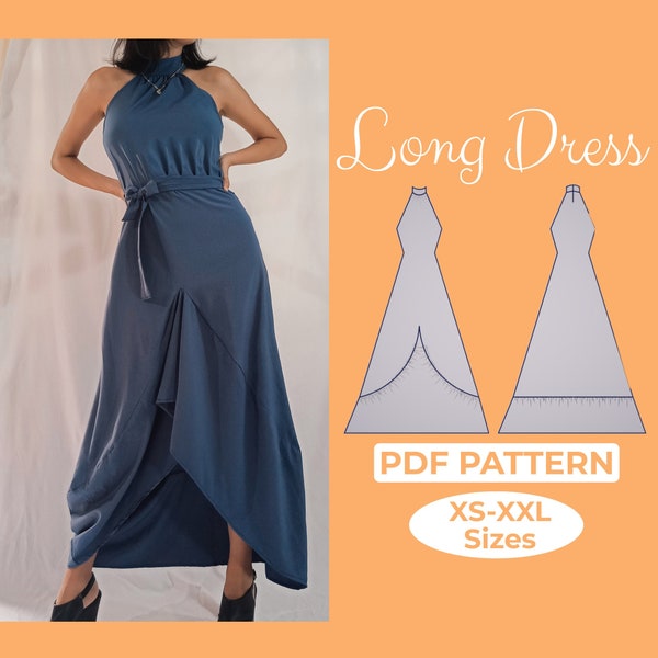 Long Maxi Dress Sewing Pattern, High Neck Dress, Fit and Flare Halter Dress With Bow, Drop Waist Gown, Princess Prom Dress XS-XL PDF Pattern