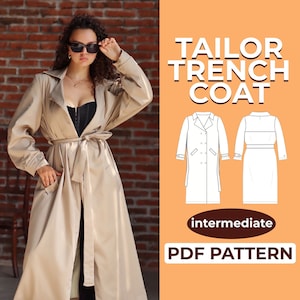 Schnittmuster Trenchcoat, XXS - XXL Schnittmuster für einen wunderschönen langen Mantel, A0, A4 & US-Letter + ausführliche Anleitung