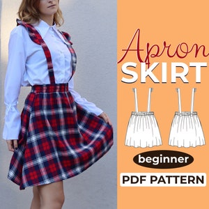May include: A red and black plaid apron skirt with suspenders. The skirt is a beginner sewing pattern and is available as a PDF download. The text "Apron Skirt" and "beginner PDF PATTERN" is on the image.
