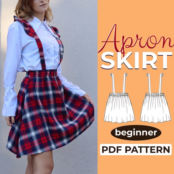 Suspender Skirt Pattern, Easy Beginner Sewing Pattern, High Waist Pinafore Dress Pattern, A0, A4 & US-Letter + Easy Instruction, XXS - XXXL