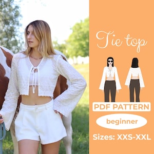 Patrón de costura para blusa con lazo en la parte delantera, blusa de encaje, top corto con mangas acampanadas para principiantes, top de verano XXS a XXL, A0, A4 y carta de EE. UU. + instrucciones sencillas